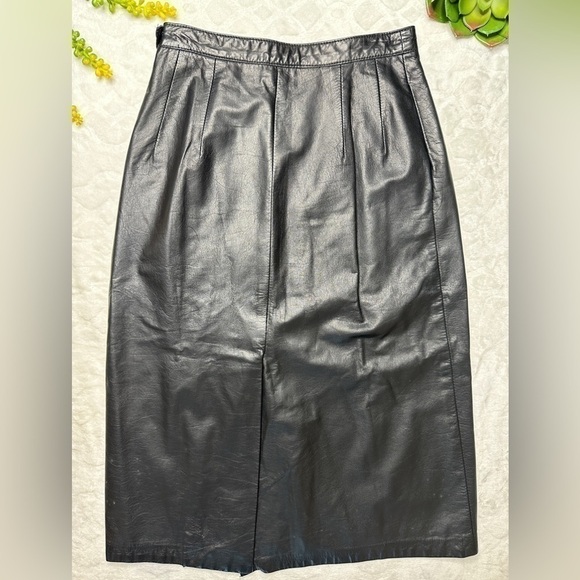 Vintage 1980s 80s Siena Black 100% Leather Midi Length Pencil Skirt Womens 8 - Picture 2 of 12